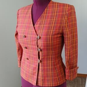 Jones Wear Petite VTG Plaid Orange Red Blazer size 8P professional office attire